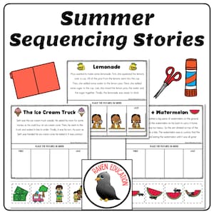 Puede incluir: Una hoja de trabajo imprimible para que los niños practiquen la secuenciación de historias con temas de verano. La hoja de trabajo presenta tres historias: hacer limonada, tomar helado y comer sandía. Cada historia tiene un conjunto de imágenes que deben colocarse en orden. La hoja de trabajo está diseñada para estudiantes de preescolar y jardín de infantes.