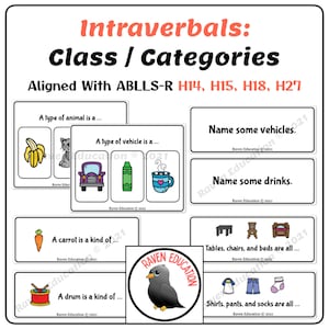 Intraverbal : fiches de tâches de classe/catégorie (alignées sur ABLLS-R H14, H15, H18, H27)