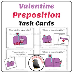 May include: Four task cards with a Valentine's Day theme. Each card features a pink mailbox with a red heart and a caterpillar. The cards ask questions about the caterpillar's location using prepositions like "under" and "in".