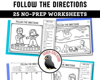 May include: A set of 25 printable worksheets for kids to follow directions. The worksheets feature black and white illustrations of various scenes, such as a boy and girl on stage, a boy fishing, and a boy carrying a bucket. The worksheets are designed to help children learn to follow simple instructions.