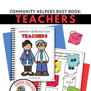 May include: A printable busy book for kids featuring a cartoon teacher with a red apple and a blue tie. The book has a blue and white spiral binding and the text "COMMUNITY HELPERS BUSY BOOK: TEACHERS" on the cover. The book also includes a page with a matching activity where kids can match different emotions to the corresponding emoji.