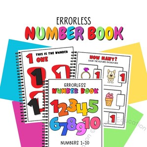 May include: A colorful, spiral-bound book titled "Errorless Number Book" with numbers 1-10 on the cover. The book is surrounded by crayons and paint palettes.