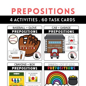 May include: A set of 60 task cards for teaching prepositions to young learners. The cards feature colorful illustrations of common objects, such as a baseball and glove, a car and garage, crayons and a box, and a rainbow and pot of gold. Each card includes a prepositional phrase and a corresponding image.