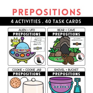 Pacote de atividades de preposição nº 1 (40 cartões de tarefas | Interativo | Seguindo instruções)