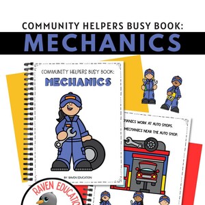 May include: A printable busy book for kids featuring a mechanic. The cover shows a cartoon mechanic holding a wrench and a tire. The book includes activities like coloring, matching, and counting. The book is titled "Community Helpers Busy Book: Mechanics".