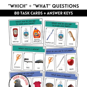 Puede incluir: Tarjetas de tareas educativas con preguntas como "¿Cuál usas para lavarte las manos?" y "¿Qué come un perro?" Las tarjetas presentan imágenes de ketchup, jabón, detergente para ropa, un cepillo de dientes, un peine, tijeras, una cama, un coche, un cuchillo, una manzana, un sombrero, una camiseta, comida para perros, jabón y una magdalena.