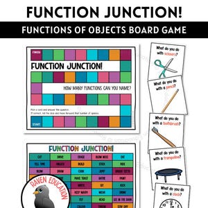 Puede incluir: Un juego de mesa titulado "Function Junction!" con un tablero de juego colorido y tarjetas. El juego incluye una lista de acciones y preguntas sobre las funciones de los objetos. El logotipo de Raven Education también es visible. El texto "Descarga digital" está en la parte inferior.