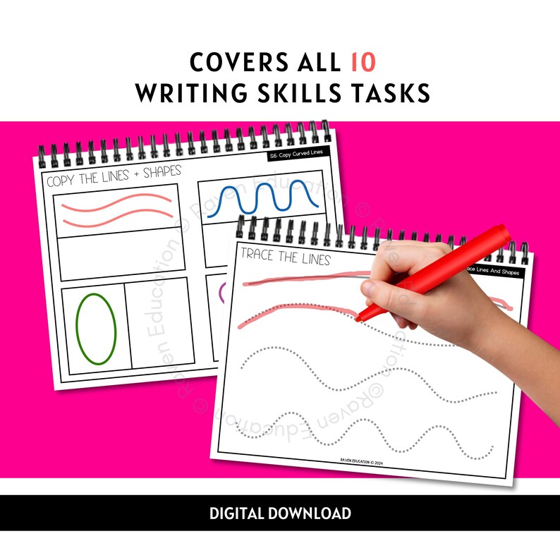 May include: A printable worksheet for kids to practice writing skills. The worksheet has two sections: "Copy the Lines. Shapes" and "Trace the Lines". The worksheet is designed to help children learn to write by copying and tracing lines and shapes.