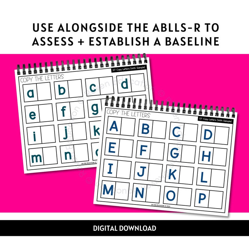 May include: Two printable worksheets for copying letters of the alphabet. The worksheets are black and white with blue letters. The text on the worksheets reads "Copy the Letters".