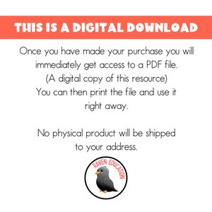May include: A digital download notice with the text "THIS IS A DIGITAL DOWNLOAD" in a red box. The text below explains that the purchase is a PDF file that can be printed. The notice includes a logo with a cartoon raven in a circle with the text "RAVEN EDUCATION".