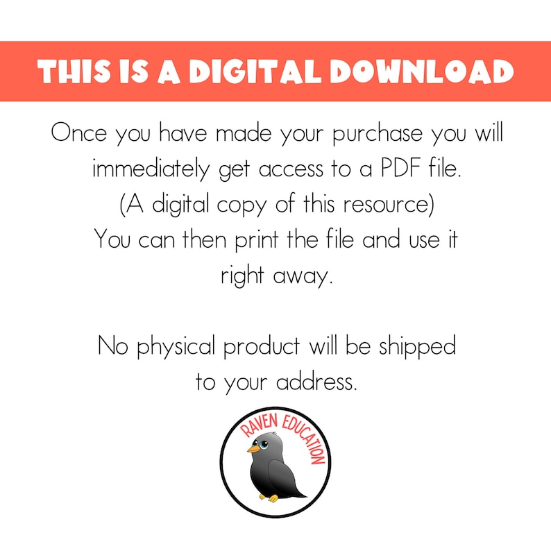 Puede incluir: Un aviso de descarga digital con el texto "THIS IS A DIGITAL DOWNLOAD" en un cuadro rojo. El texto a continuaci&oacute;n explica que la compra es un archivo PDF que se puede imprimir. El aviso incluye un logotipo con un cuervo de dibujos animados en un c&iacute;rculo con el texto "RAVEN EDUCATION".