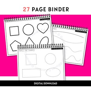 May include: A black and white printable workbook with 27 pages for tracing shapes and lines. The workbook includes pages for tracing a square, circle, heart, pentagon, triangle, oval, and various lines.