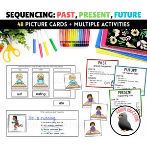 Peut inclure: Ensemble d'activités de séquençage éducatif avec des cartes illustrées et de multiples activités. L'ensemble comprend des cartes pour le passé, le présent et le futur, ainsi que des exemples et des instructions. L'image montre également des crayons de couleur, des ciseaux et un cahier.