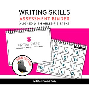 May include: A digital download for a writing skills assessment binder aligned with the ABLLS-R Section S. The cover features a black and white illustration of a raven with the words "Raven Education" in a circle. The binder includes a page with a letter tracing activity for the letter "S".