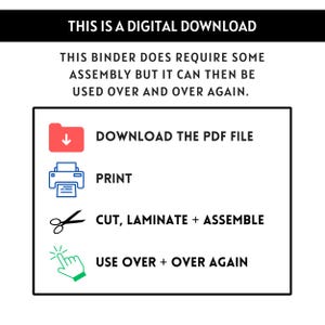 May include: A digital download instruction guide with icons for downloading, printing, cutting, laminating, assembling, and using a product. The text reads "This is a digital download. This binder does require some assembly but it can then be used over and over again. Download the PDF file. Print. Cut, laminate + assemble. Use over + over again."