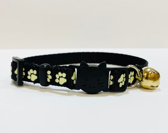 Glow In The Dark, Pfotenabdruck Schwarzes Katzenhalsband, Katzenhalsband, Kätzchenhalsband, Katzenhalsband mit Schnellverschluss