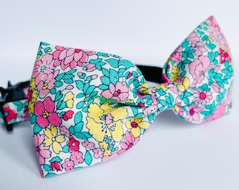 Liberty Flower Show Sunrise ‘Arley Gardens’ Pink Floral Print Cat Bow Tie Collar, Kitten Cat Safety Breakaway Collar, Quick Release Collar
