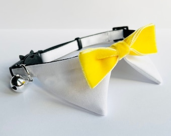 Tuxedo Cat Shirt Collar Yellow Velvet Bow Tie, Tuxedo Cat Collar, Breakaway Collar, Quick Release Collar, Cat Safety Collar