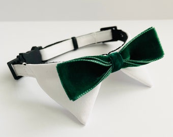 Tuxedo Cat Shirt Collar Green Velvet Bow Tie, Tuxedo Cat Collar, Breakaway Collar, Quick Release Collar, Cat Safety Collar