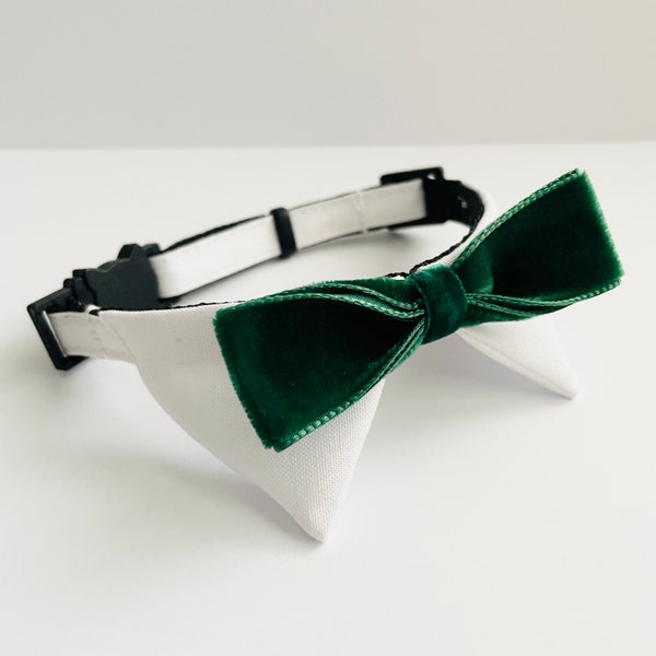 Tuxedo Cat Shirt Collar Green Velvet Bow Tie, Tuxedo Cat Collar, Breakaway Collar, Quick Release Collar, Cat Safety Collar