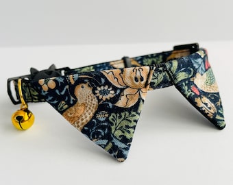 William Morris 'Strawberry Thief' Indigo Print, Work Shirt Cat Collar, Breakaway Collar, Quick Release Collar, Cat Safety Collar, Bow Tie