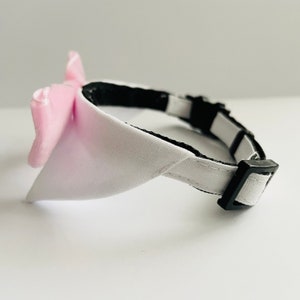 May include: A white and pink dog collar with a bow tie. The collar is made of fabric and has a black adjustable buckle.