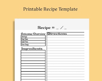 Könnte beinhalten: Eine druckbare Rezeptvorlage mit Abschnitten für Ergebnis/Überblick, Anweisungen, Zutaten und Notizen. Die Vorlage hat ein Schwarzweiß-Design.