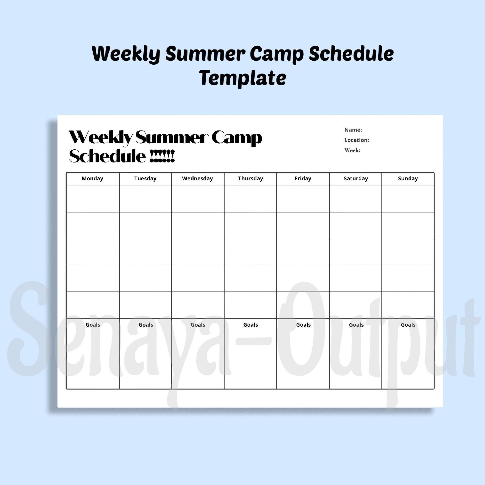 Weekly Summer Camp Schedule Template, Task Planner, Activity Planner Weekly Summer Camp Schedule Template, Task Planner, Activity Planner