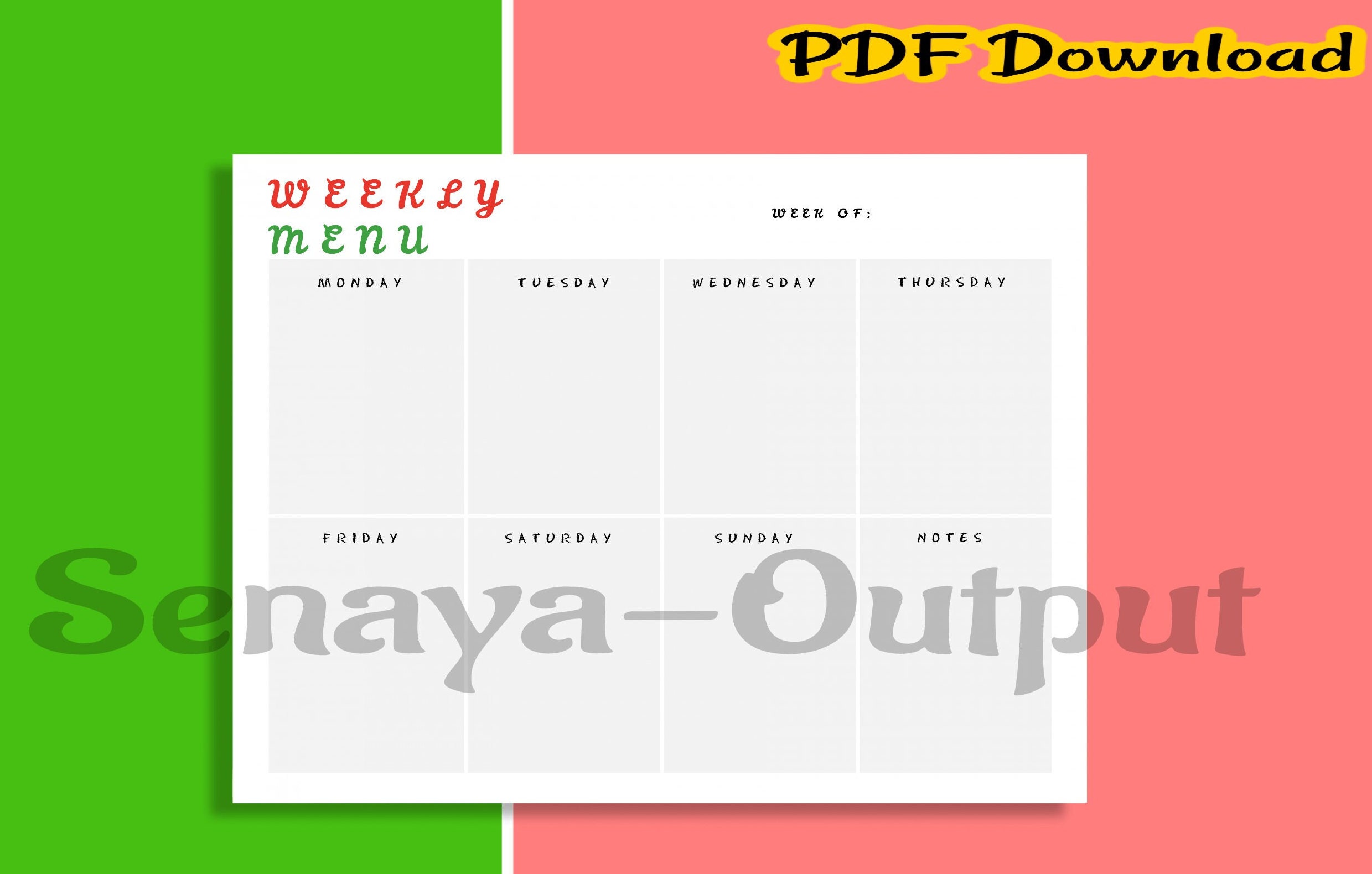 Printable Weekly Menu Template, Downloadable Meal Prep Planner, Print