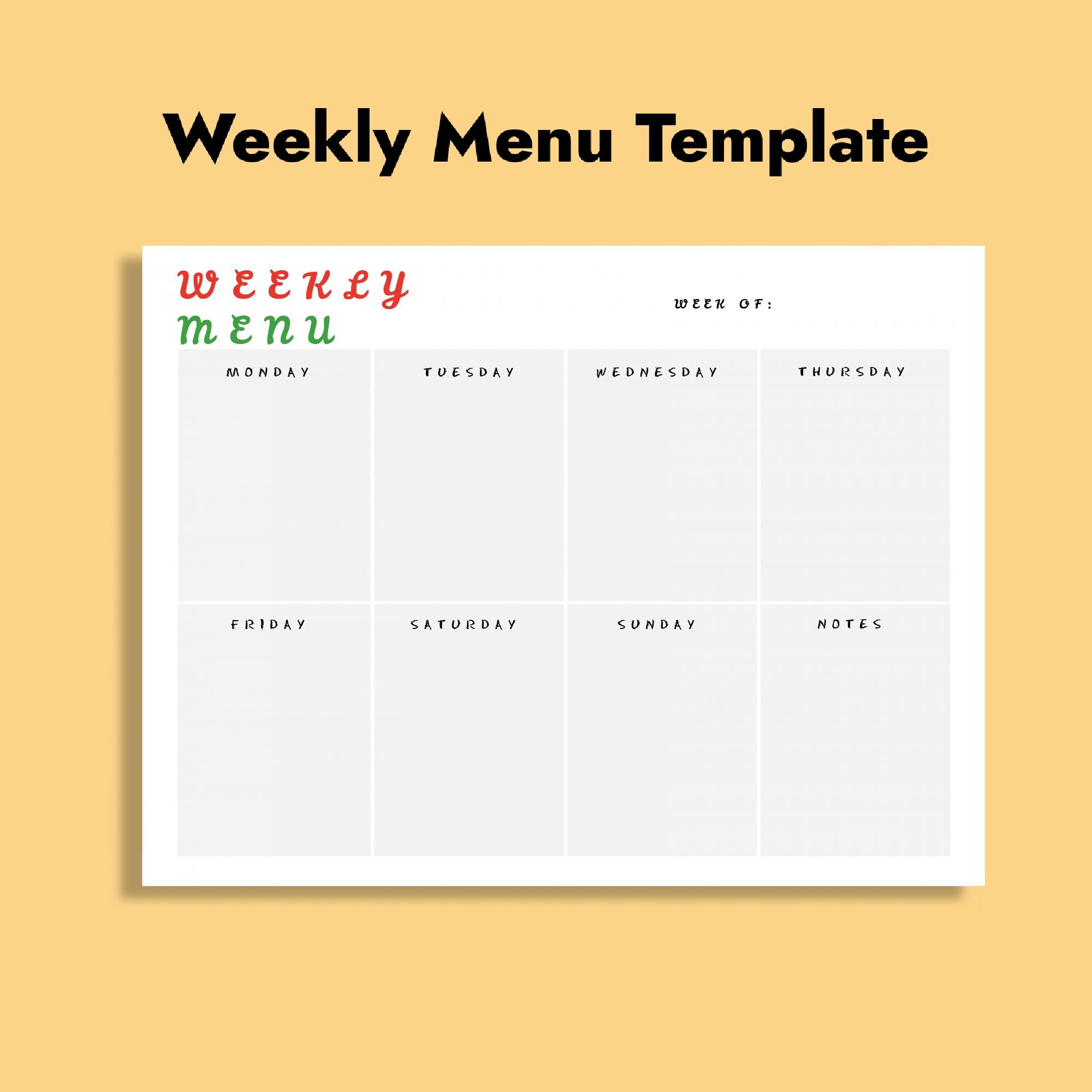 Printable Weekly Menu Template, Downloadable Meal Prep Planner, Print