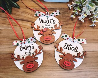Baby’s First Christmas reindeer Christmas ornament, kids ornament, child’s ornament, personalized baby ornament, reindeer wooden gift