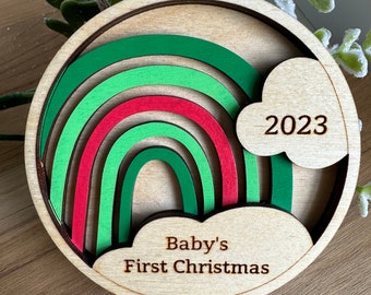 Personalized wooden rainbow Christmas ornament, custom kids ornament, rainbow baby gift, baby's first Christmas, Pride Christmas ornament