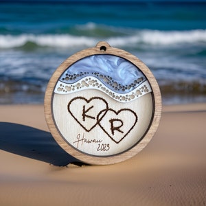 Personalized beach hearts ornament, Couples initial keepsake ornament, Honeymoon Gift, Engagement, Proposal, Custom Initials in the sand