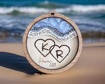 Personalized beach hearts ornament, Couples initial keepsake ornament, Honeymoon Gift, Engagement, Proposal, Custom Initials in the sand