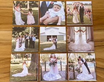 May include: A set of nine square tiles featuring wedding photos. The photos show a couple getting married, a baby, and the bride and groom with their wedding party.