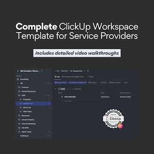 Può includere: Uno screenshot di un modello di spazio di lavoro ClickUp per i fornitori di servizi. Il modello include un elenco di spazi, come "Tutto", "HQ", "Finanze", "Risorse umane", "CRM", "Prospetti", "Elenco contatti", "Elenco clienti", "Attività CRM", "Risorse", "Progetti interni", "Marketing interno", "SOP HQ", "Attività amministrative" e "Evasione". Lo screenshot mostra anche un elenco di attività, tra cui "Modulo di assunzione dell'elenco contatti", con un badge di consulente ClickUp verificato.