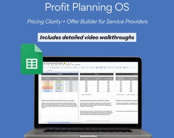 Può includere: Un laptop mostra un foglio di calcolo con dati finanziari, con un'icona verde di Google Sheets. Il testo "Profit Planning OS" e "Pricing Clarity + Offer Builder for Service Providers" è visualizzato. È visibile anche il testo "Includes detailed video walkthroughs".