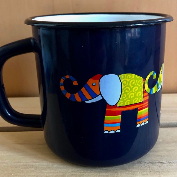 Smaltum Enamel Mug, Elephant Design, 1 litre. Camping mug, allotment mug, great for AGA, gift for him