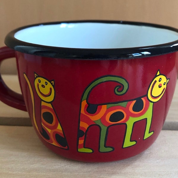 Smaltum Red Conical Enamel Mug, Cat Design, 200 ml. Camping mug, allotment mug, great for AGA, gift for children.