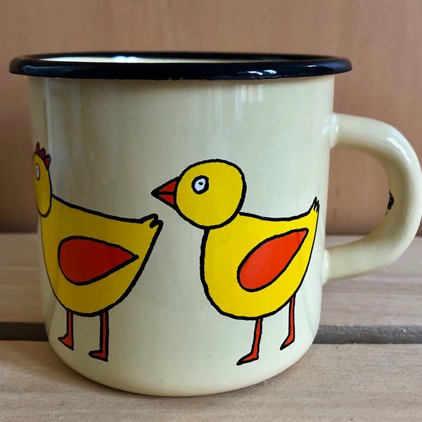 Smaltum Enamel Mug, Chick Design, 350 ml. Camping mug, allotment mug, great for AGA, gift for children.
