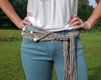 Wide Macrame Belt with Wooden Beads - Recycled Cotton