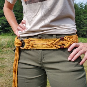 Wide Handmade Macrame Belt with Reddish-Brown Wooden Beads