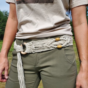 Wide Handmade Macrame Belt with Light Brown Wooden Beads
