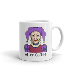May include: White ceramic mug with a purple and black jester illustration and the text "After Coffee".