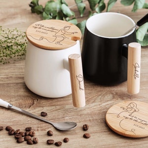 Juego de tazas de pareja con cuchara / Tazas de cerámica personalizadas con mango de madera / Tazas de café personalizadas / Regalo del día de las madres / Tazas de café Expresso