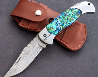 Personalized Damascus Pocket Knife, Fathers Day Gift, Engraved Knife for Him, Wedding Party Favor, Custom Folding Knife [W]