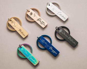 Personalized Birth Flower Metal Keychain, Gifts for Mom, Floral Keychain with Name, Custom Floral Name Keychain, Meaningful Mom Gift