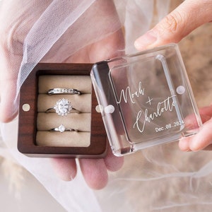 Personalized Ring Box for Wedding Ceremony | Proposal Ring Box | Double Slot Engagement Ring Bearer | Triple Slot Acrylic Lid Wood Ring Box