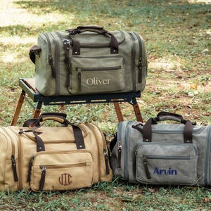 Best Man Gift Monogrammed Grey Khaki Weekender: Large Canvas Overnight Bag [R] image 5