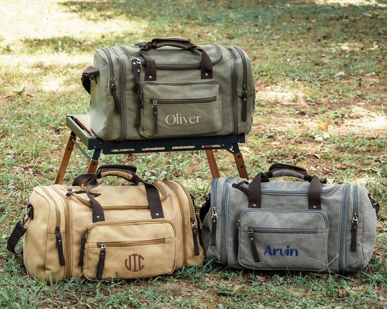 Best Man Gift Monogrammed Grey Khaki Weekender: Large Canvas Overnight Bag [R] image 5
